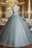Dusty Green Tulle Floor Length Prom Dress with Lace, Elegant A Line Prom Dresses