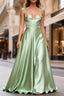 Dusty Sage Classy Satin Long Prom Dresses with Pleated