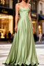 Dusty Sage Cute Satin Long Prom Dresses with Pleated