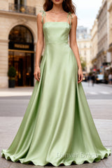 Dusty Sage Elegant Satin Long Prom Dress with Pleated