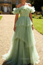 Dusty Sage Off The Shoulder A Line Ruffle Long Prom Dress