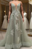 Dusty Sage Prom Dresses Plunging V Neck Appliques Lace Up A Line Long Prom Gowns