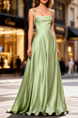 Dusty Sage Unique Satin Long Prom Dresses with Pleated