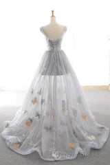 Gray Long Prom Dresses with Butterfly, New Arrival Unique Evening Dresses