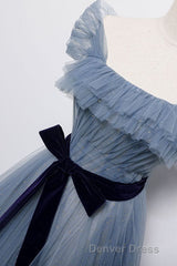 Blue Off the Shoulder Tulle Long Prom Dresses with Sash, Sparkly Formal Gown