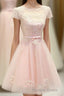 Pink Lace Tulle Short Prom Dress, Pink Prom Dresses