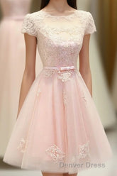 Pink Lace Tulle Short Prom Dresses, Pink Evening Dresses