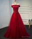 Burgundy Lace Tulle Long Prom Dress, Off Shoulder Prom Dresses