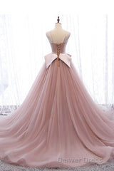 Pink Spaghetti Straps Tulle Long Formal Prom Dresses, Unique Long Wedding Dess