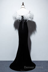 Black Velvet Mermaid Prom Dresses with Feather, Off the Shoulder Long Evening Gown