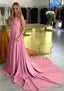 Elastic Satin Prom Dresses A Line High Neck Chapel Train With Pleated