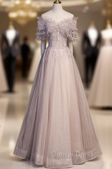 Elegance Pink Tulle Sequins Off the Shoulder Beading Prom Dresses