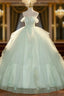 Elegant 3D Flowery Lace Sage Green Tulle Fairy Ball Gowns