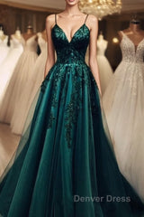 Elegant A Line Green Tulle Spaghetti Straps Appliques Prom Dresses