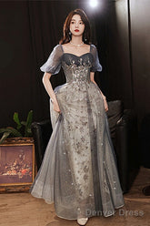 Elegant A-Line Grey Tulle Short Sleeves Long Party Dress, Grey Evening Dress