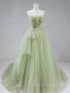 Elegant A Line Open Back Green Tulle Long Prom Dress, Green Prom Graduation Prom Dresses