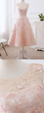 Elegant A-Line Scoop Neck Tea Length Lace Pink Short Homecoming Dresses