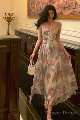 Elegant A Line Spaghetti Straps Pink Floral Prom Dresses Birthday Outfits Evening Gown