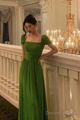 Elegant A Line Square Neckline Green Long Prom Dresses Birthday Outfits Evening Gown