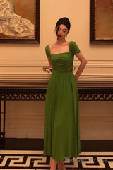 Elegant A Line Square Neckline Green Long Prom Dresses Birthday Outfits Evening Gown