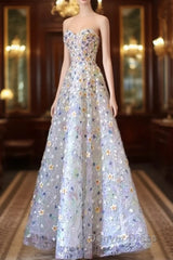 Elegant A Line Strapless Floral Long Prom Dresses
