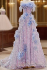 Elegant A Line Strapless Tulle Floral Prom Dresses