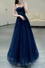 Elegant A Line Straps Tulle Navy Blue Prom Dress