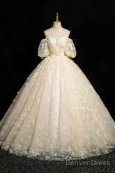 Elegant A-Line Tulle Floor Length Prom Dress, Champagne Off The Shoulder Evening Party Dress