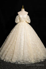 Elegant A-Line Tulle Floor Length Prom Dress, Champagne Off The Shoulder Evening Party Dress