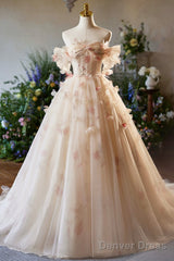 Elegant A-Line Tulle Floor Length Prom Dress, Champagne Off The Shoulder Party Dress
