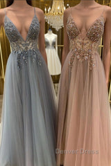 Elegant A line tulle lace long prom Dresses, tulle formal Dresses