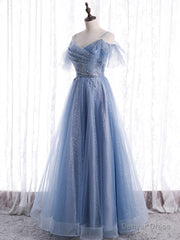 Elegant A line Tulle Sequin Blue Long Prom Dress, Tulle Blue Formal Evening Dress