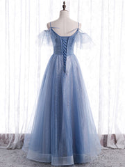 Elegant A line Tulle Sequin Blue Long Prom Dress, Tulle Blue Formal Evening Dress