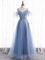 Elegant A Line Tulle Sequin Blue Long Prom Dress, Tulle Blue Prom Dresses