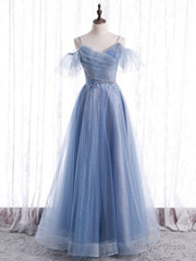 Elegant A line Tulle Sequin Blue Long Prom Dress, Tulle Blue Formal Evening Dress