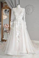 Elegant A-Line V-Neck Long Sleeved Ivory Sheer And Floor Length Wedding Dresses