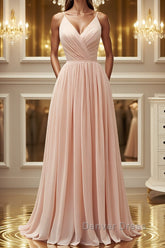 Elegant A Line V Neck Pink Long Prom Dresses, Pink Formal Graduation Evening Dresses