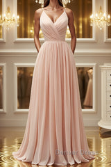 Elegant A Line V Neck Pink Long Prom Dresses, Pink Formal Graduation Evening Dresses