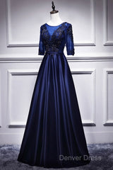 Elegant And Noble Blue Short Sleeved Lace Decal Ball Dresses With Blue V-Neck Satin And Beaded Back Zipper And Floor Length Evening Dresses