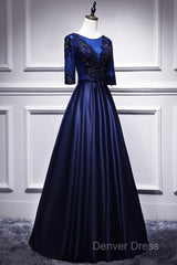 Elegant And Noble Blue Short Sleeved Lace Decal Ball Dresses With Blue V-Neck Satin And Beaded Back Zipper And Floor Length Evening Dresses