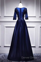 Elegant And Noble Blue Short Sleeved Lace Decal Ball Dresses With Blue V-Neck Satin And Beaded Back Zipper And Floor Length Evening Dresses