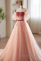 Elegant And Sweet Powder Blusher Powder Beading Sequins Off Shoulder Short Sleeve Prom Dresses Powder Blusher Powder A-Shaped Princess Bow Belt Tulle Backless And Floor Length Evening Dresses