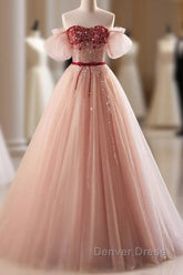 Elegant And Sweet Powder Blusher Powder Beading Sequins Off Shoulder Short Sleeve Prom Dresses Powder Blusher Powder A-Shaped Princess Bow Belt Tulle Backless And Floor Length Evening Dresses