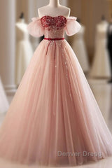Elegant And Sweet Powder Blusher Powder Beading Sequins Off Shoulder Short Sleeve Prom Dresses Powder Blusher Powder A-Shaped Princess Bow Belt Tulle Backless And Floor Length Evening Dresses