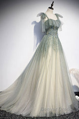 Elegant And Sweet Sage Green Sleeveless Off Shoulder Beads With Sparkling Sheer Sequins Prom Dresses Sage Green A-Line Princess Shoulder Off Back Sweeping Train Ruffle Edge Evening Dresses