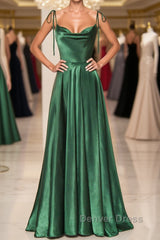 Elegant Backless Green Satin Long Prom Dresses, Backless Green Formal Graduation Evening Dresses