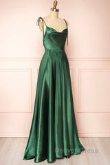 Elegant Backless Green Satin Long Prom Dresses, Backless Green Formal Graduation Evening Dresses