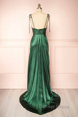 Elegant Backless Green Satin Long Prom Dresses, Backless Green Formal Graduation Evening Dresses
