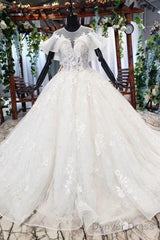Elegant Ball Gown Big Wedding Dresses, Appliques Bridal Dress With Short Sleeves