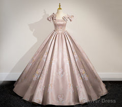 Elegant Ball Gown Pink Beaded Floral Appliques Quinceanera Dress
